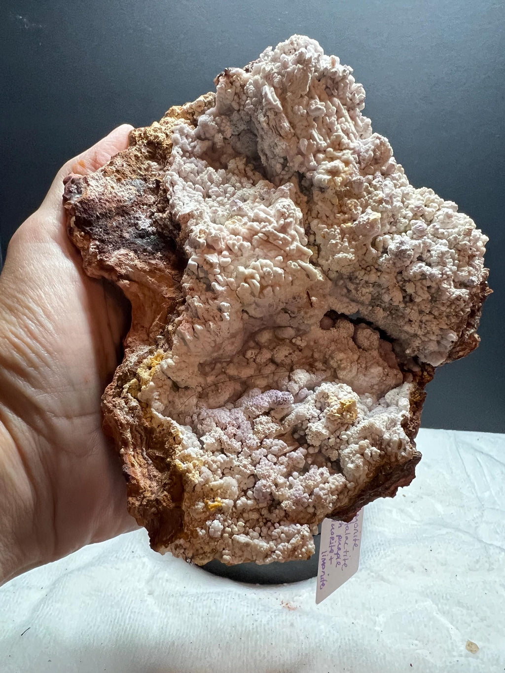 Araganite on Stalactite with purple Fluorite