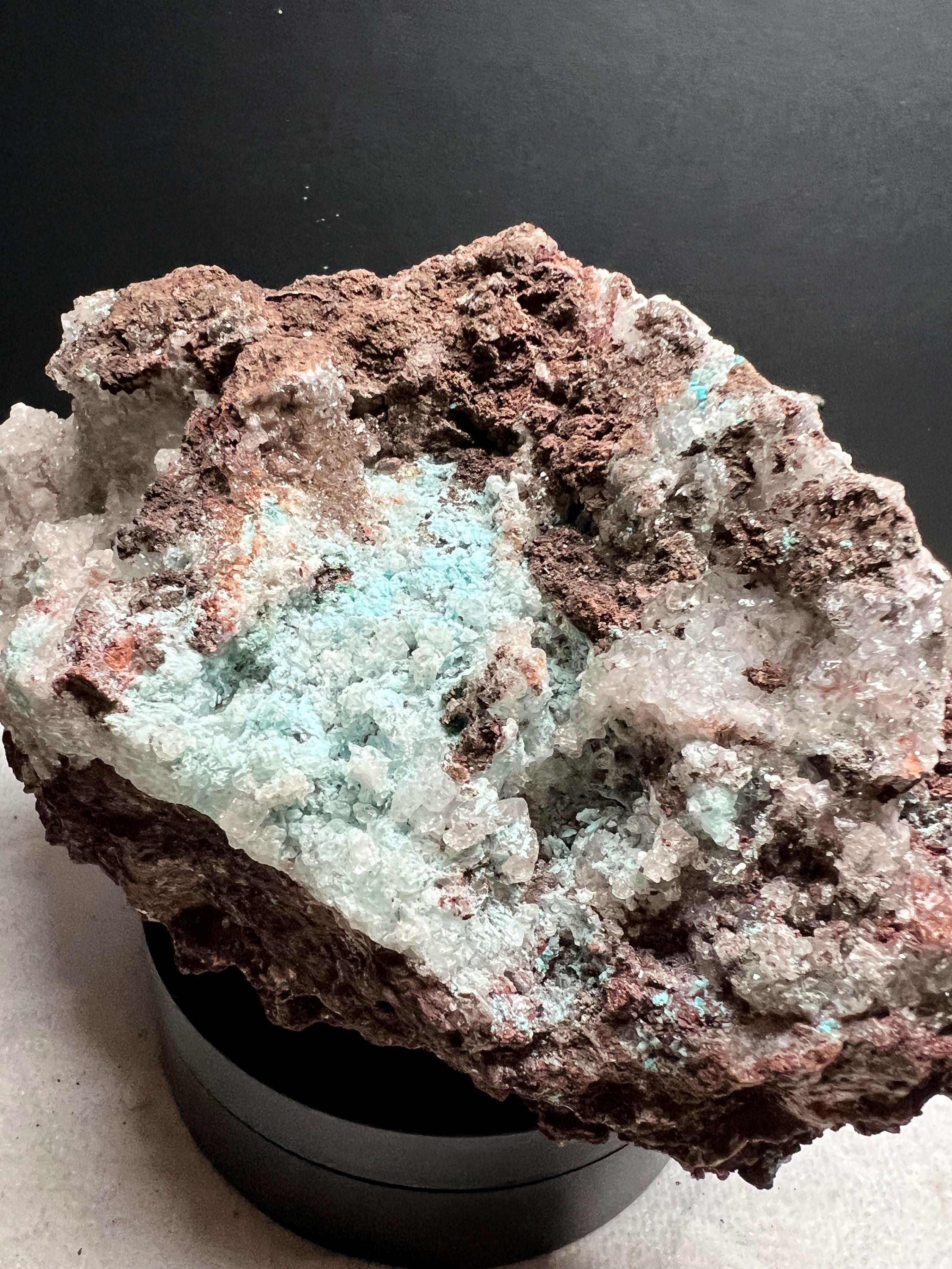 Aurichalcite with calcite and chrysacolla from Mexico.