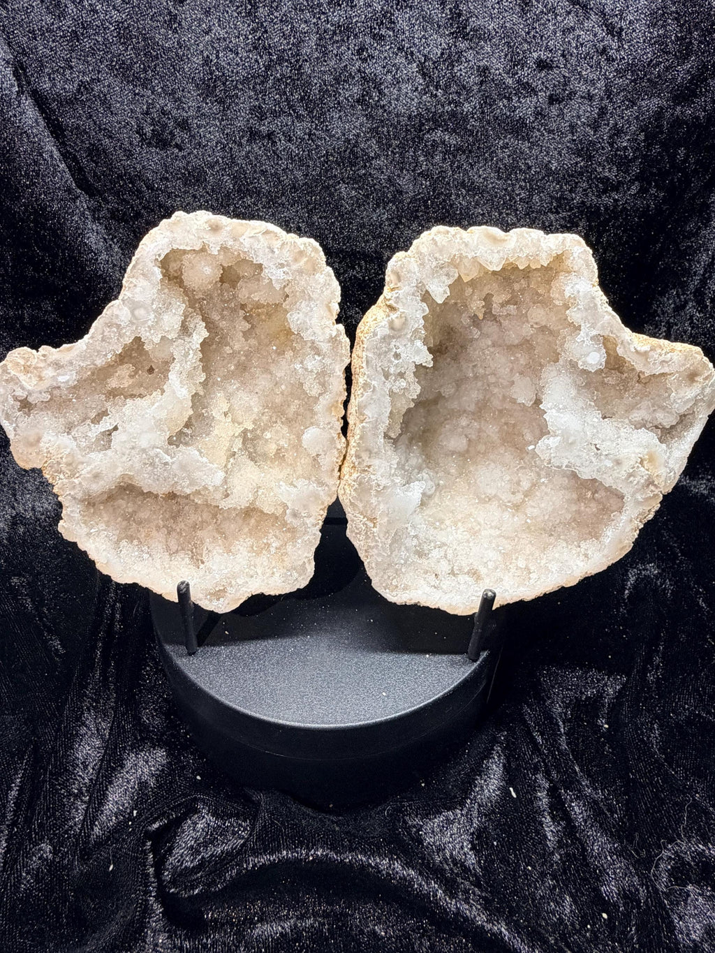 Polished Moroccan Sugar Quartz geode with calcite, matching halves