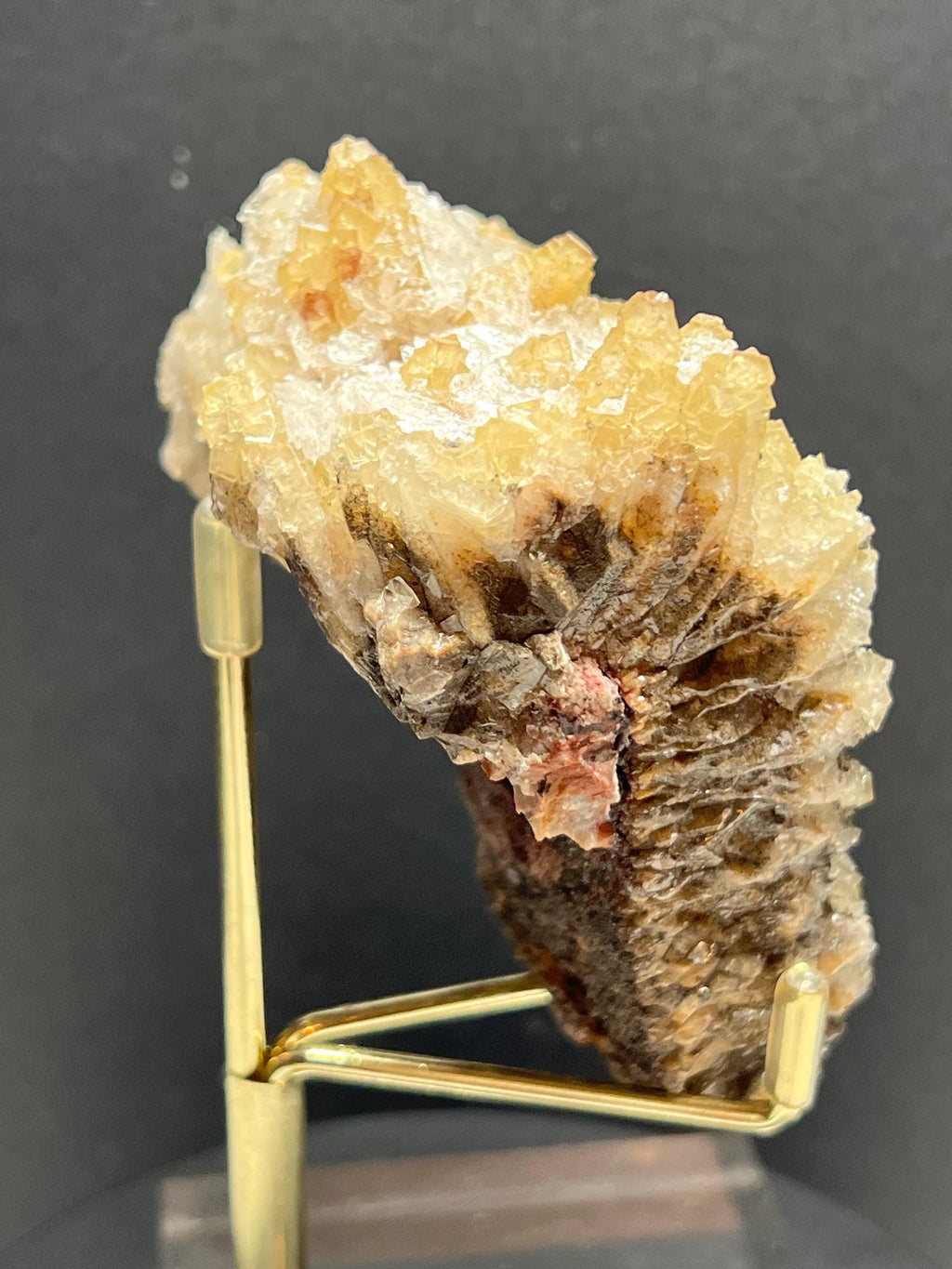 Yellow fluorite with selenite on dog tooth calcite