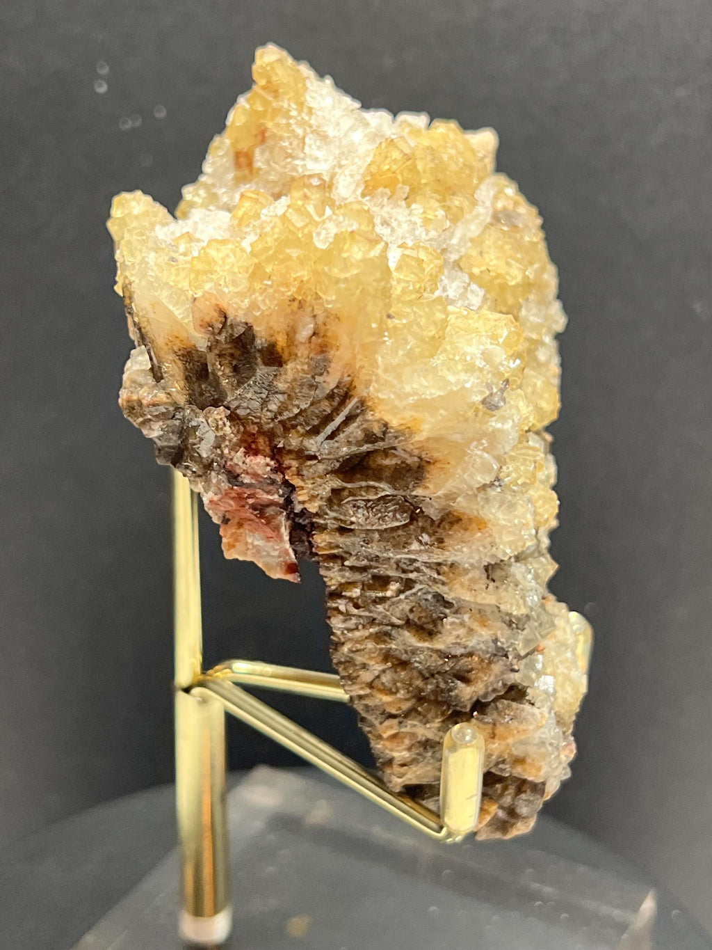 Yellow fluorite with selenite on dog tooth calcite