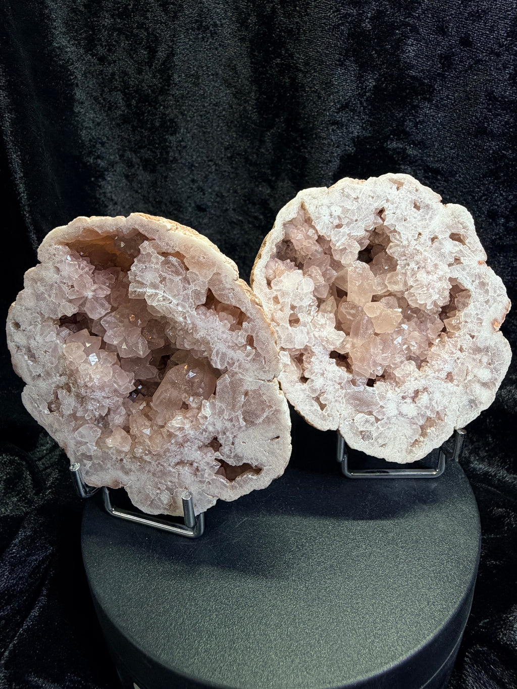 Raw Argentine Pink Amethyst Geode Matching Pair - 3.5" Natural Quartz Druzy Display Set with Stands