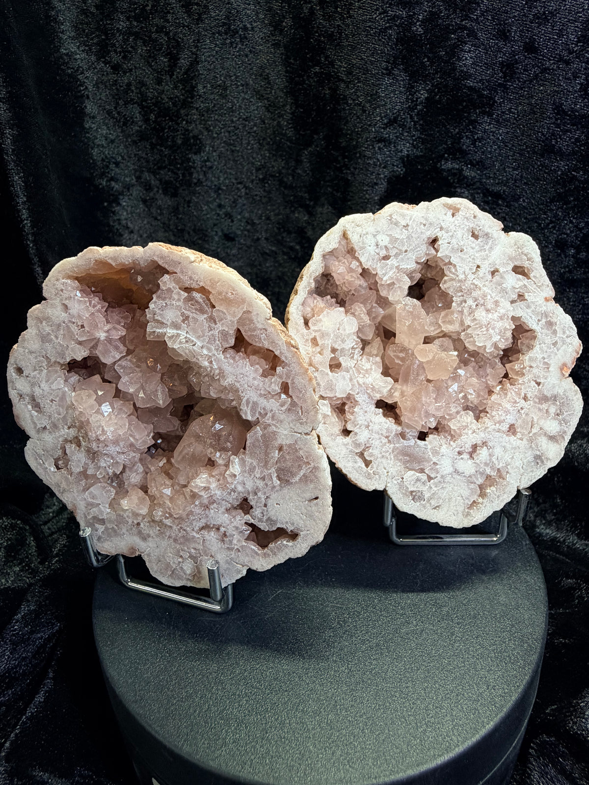 Raw Argentine Pink Amethyst Geode Matching Pair - 3.5" Natural Quartz Druzy Display Set with Stands
