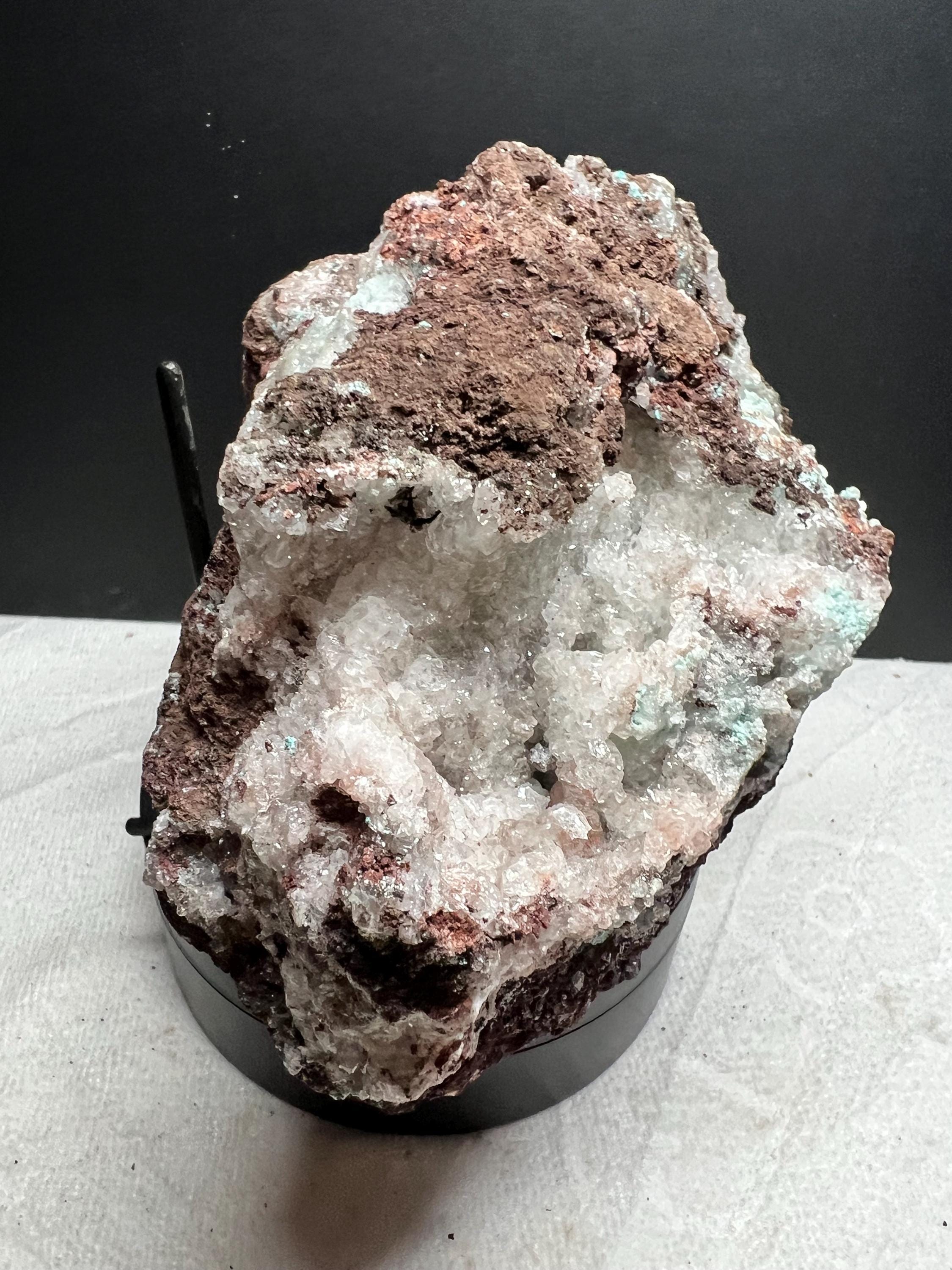 Aurichalcite with calcite and chrysacolla from Mexico.