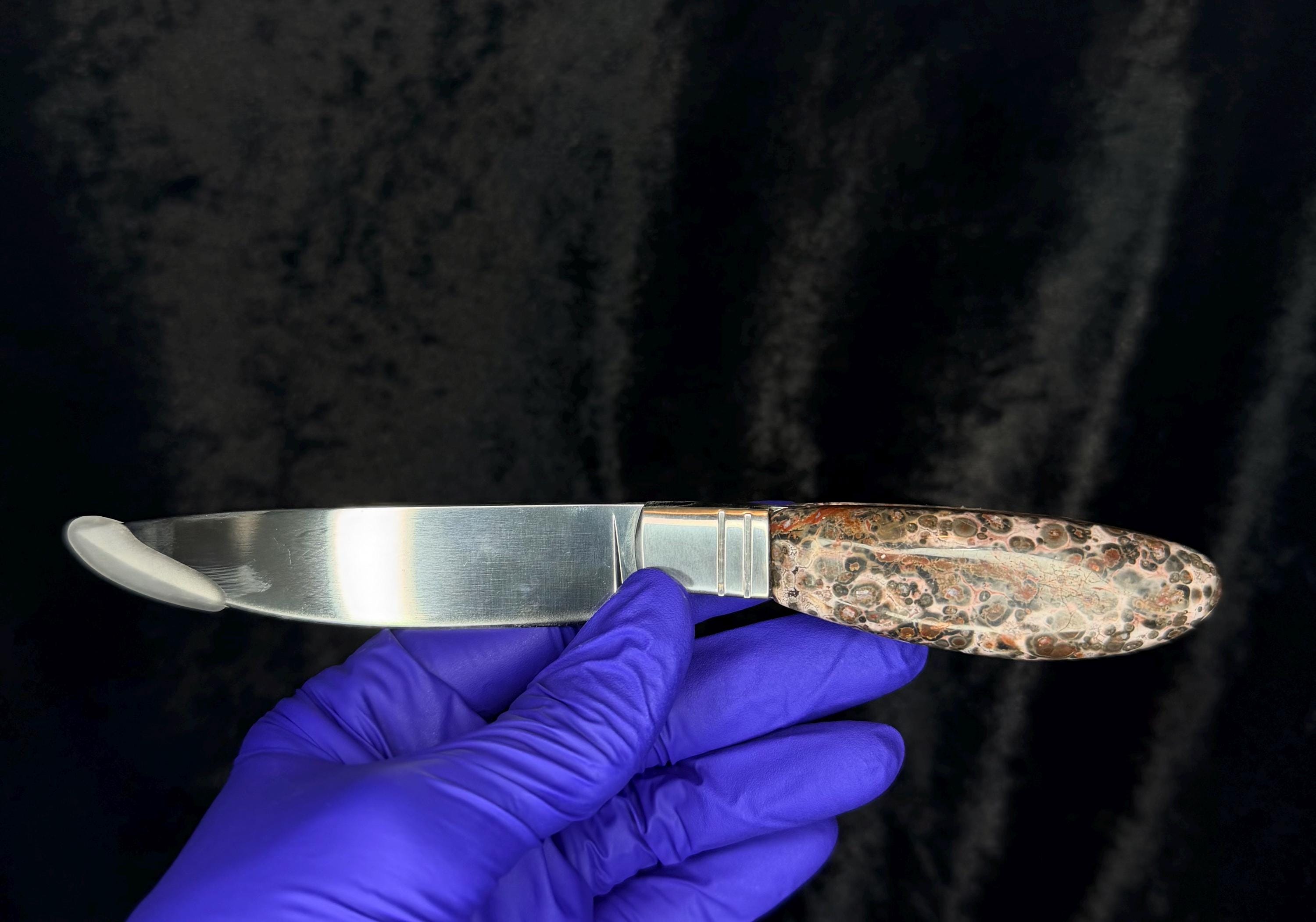 Custom Fixed-Blade Knife: Leopard Skin Jasper Handle, Stainless Steel Blade