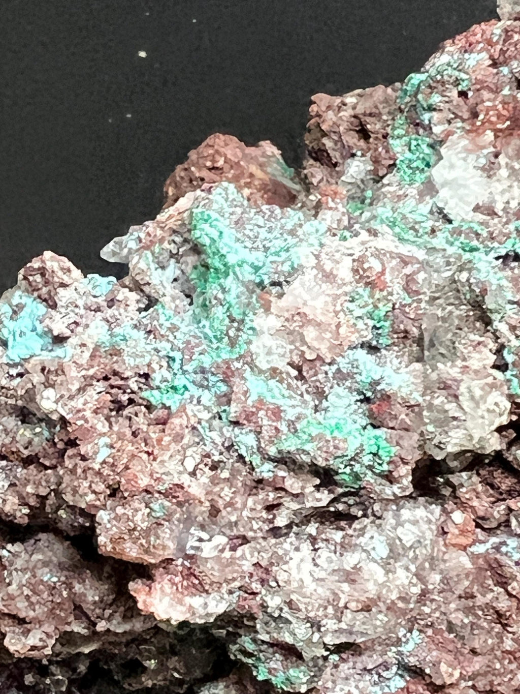 Aurichalcite with calcite and chrysacolla from Mexico.
