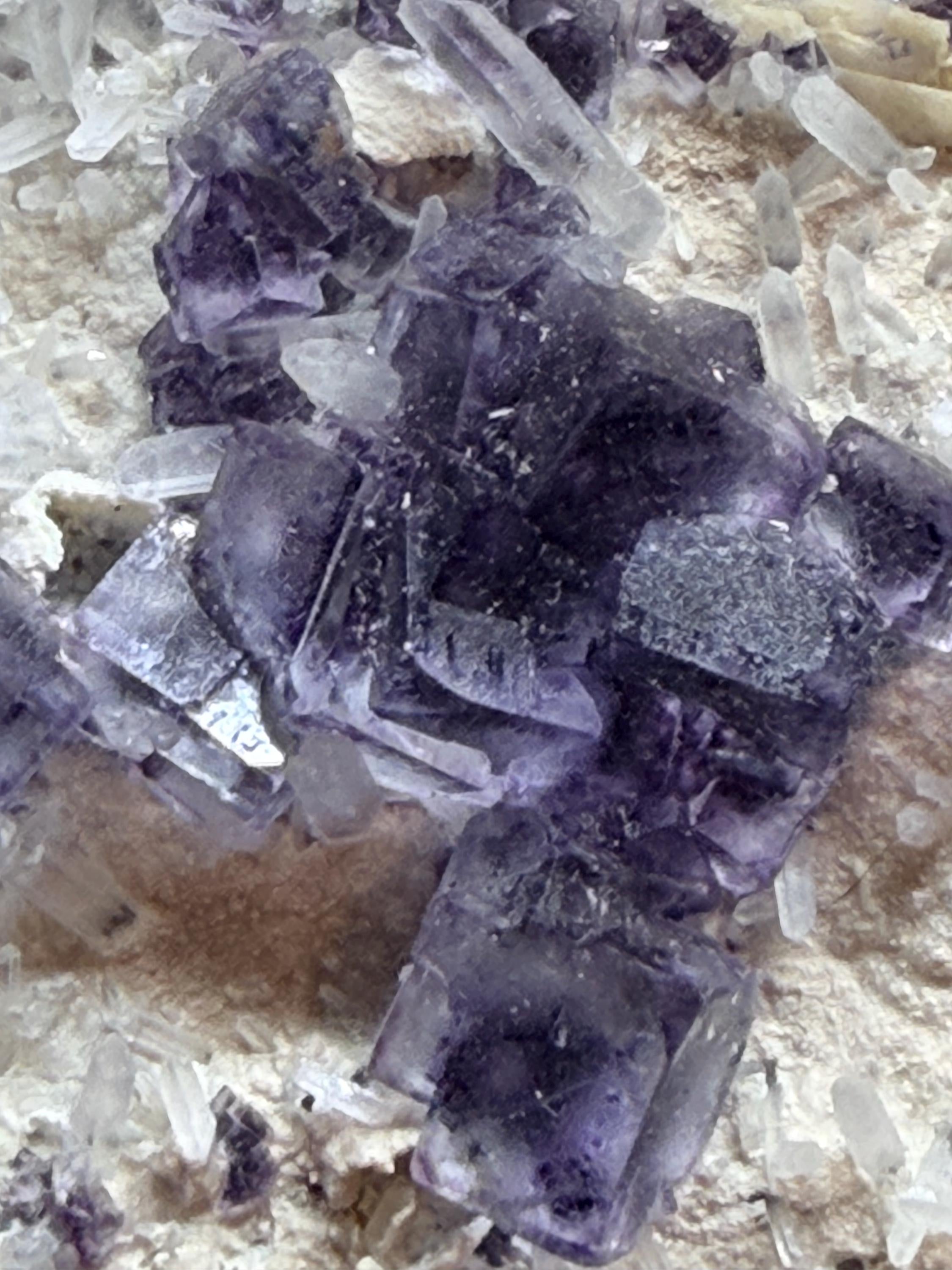 Purple Cubic Fluorite on quartz from China