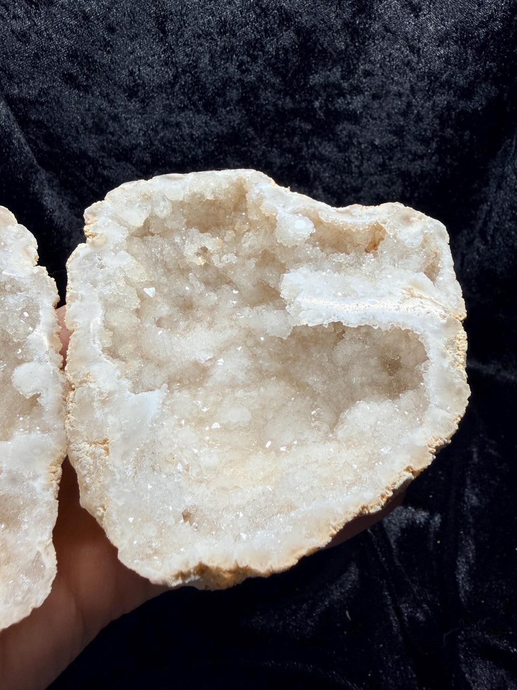 Polished Moroccan Sugar Quartz geode with calcite, matching halves