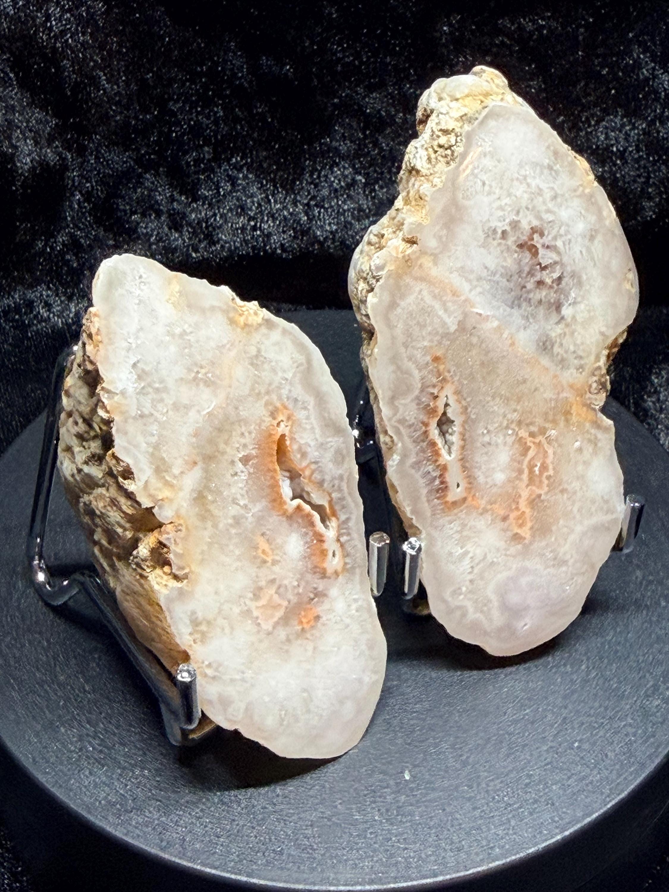 Polished Kentucky Agate / Chalcedony Nodule Matched Pair – Druzy Quartz Cavities