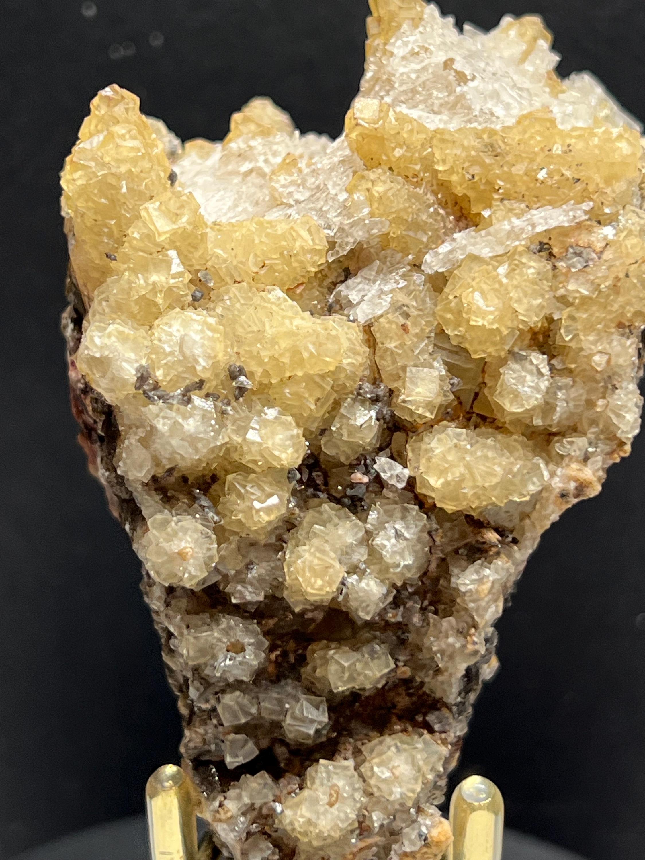 Yellow fluorite with selenite on dog tooth calcite