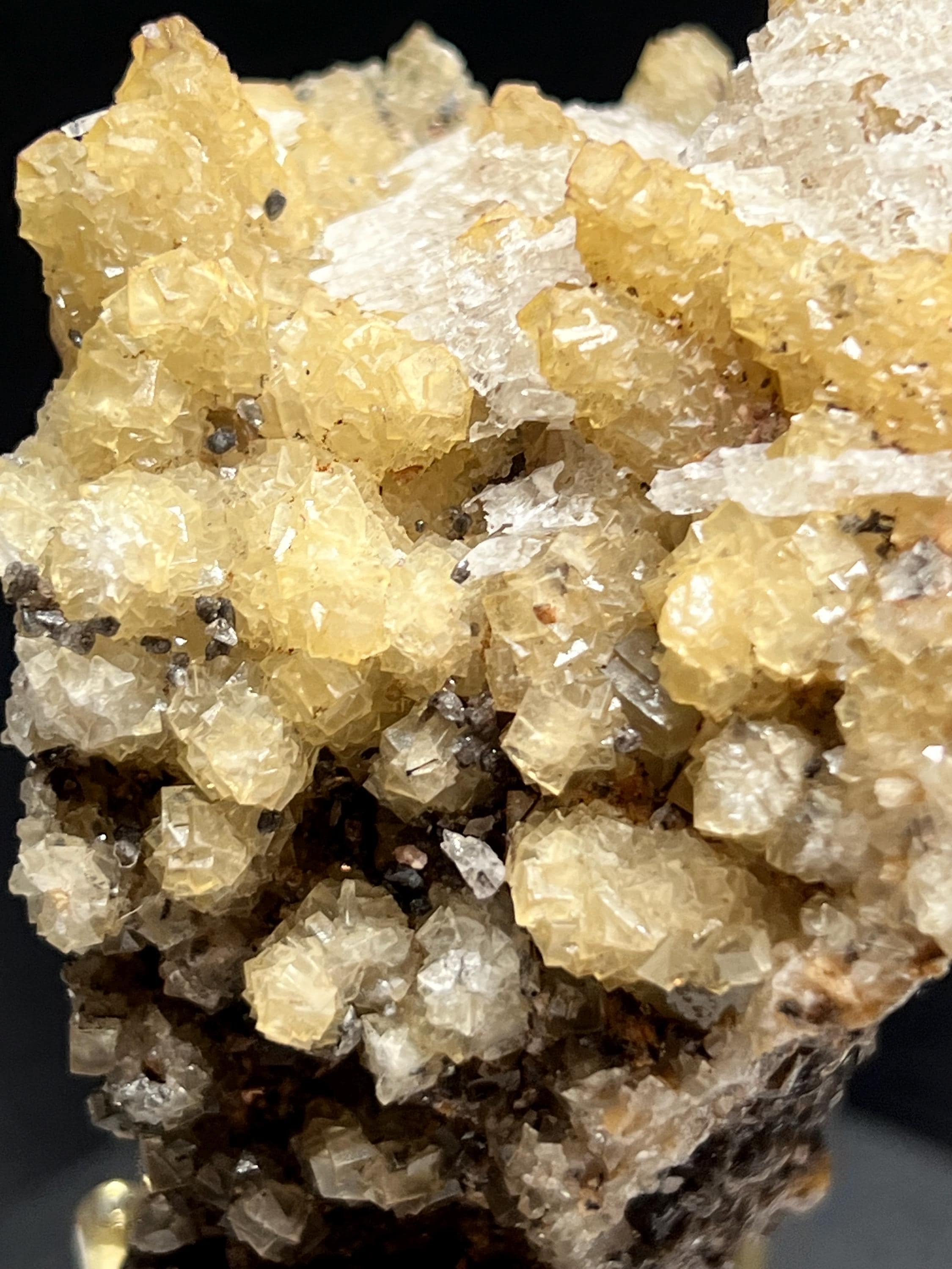 Yellow fluorite with selenite on dog tooth calcite
