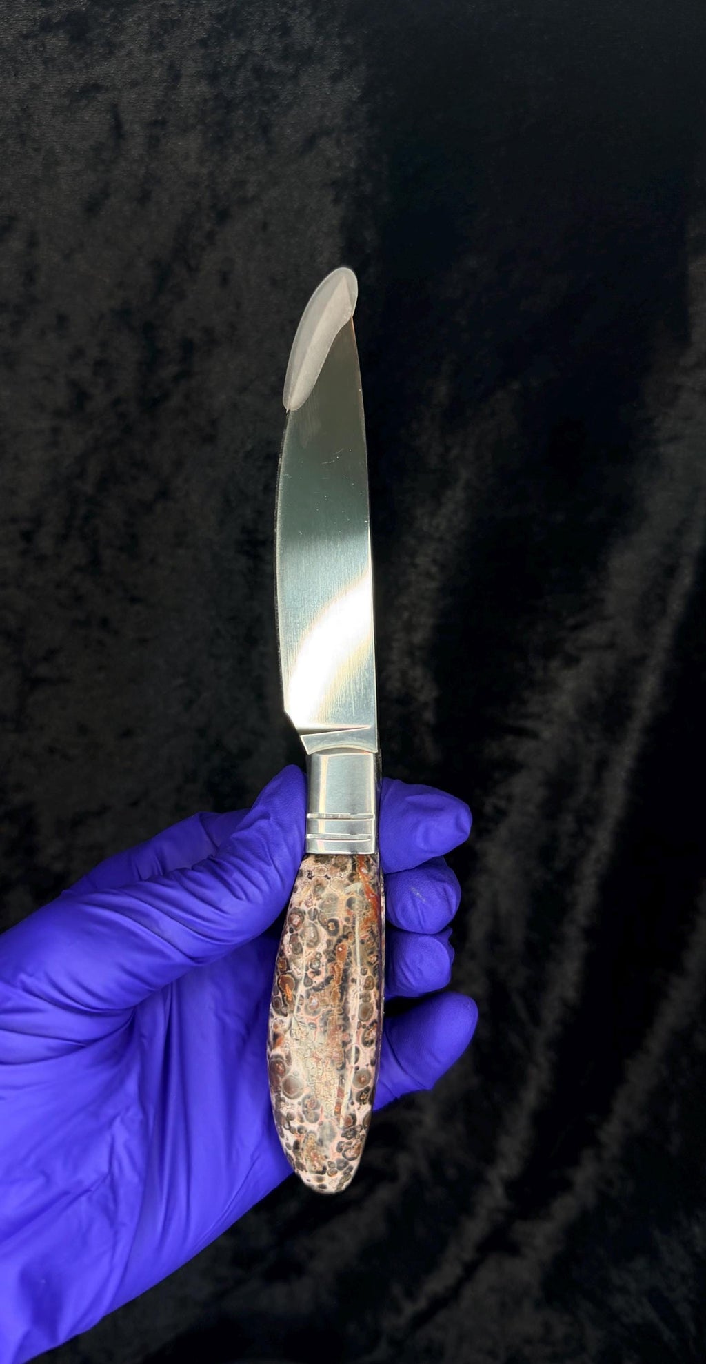Custom Fixed-Blade Knife: Leopard Skin Jasper Handle, Stainless Steel Blade