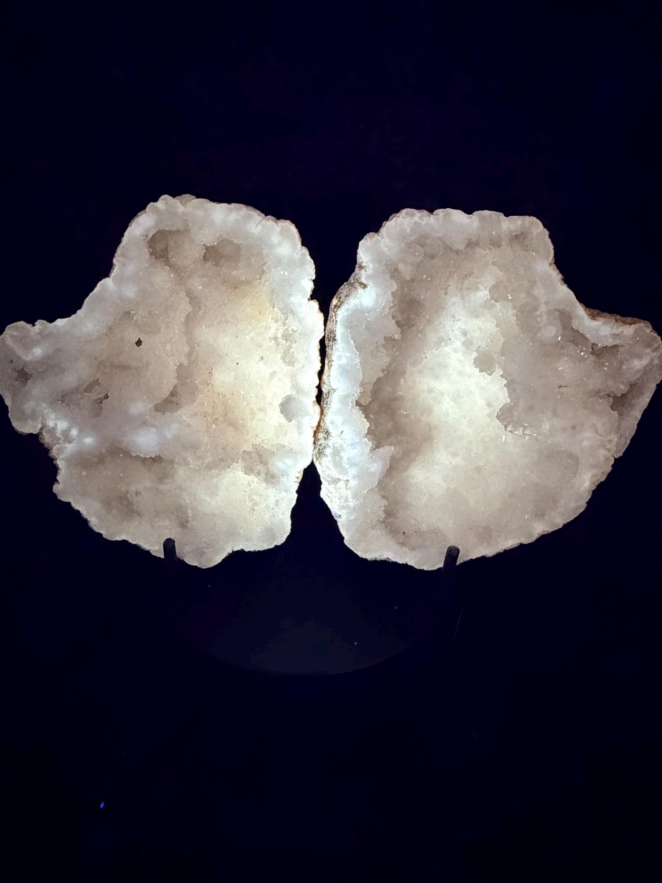 Polished Moroccan Sugar Quartz geode with calcite, matching halves