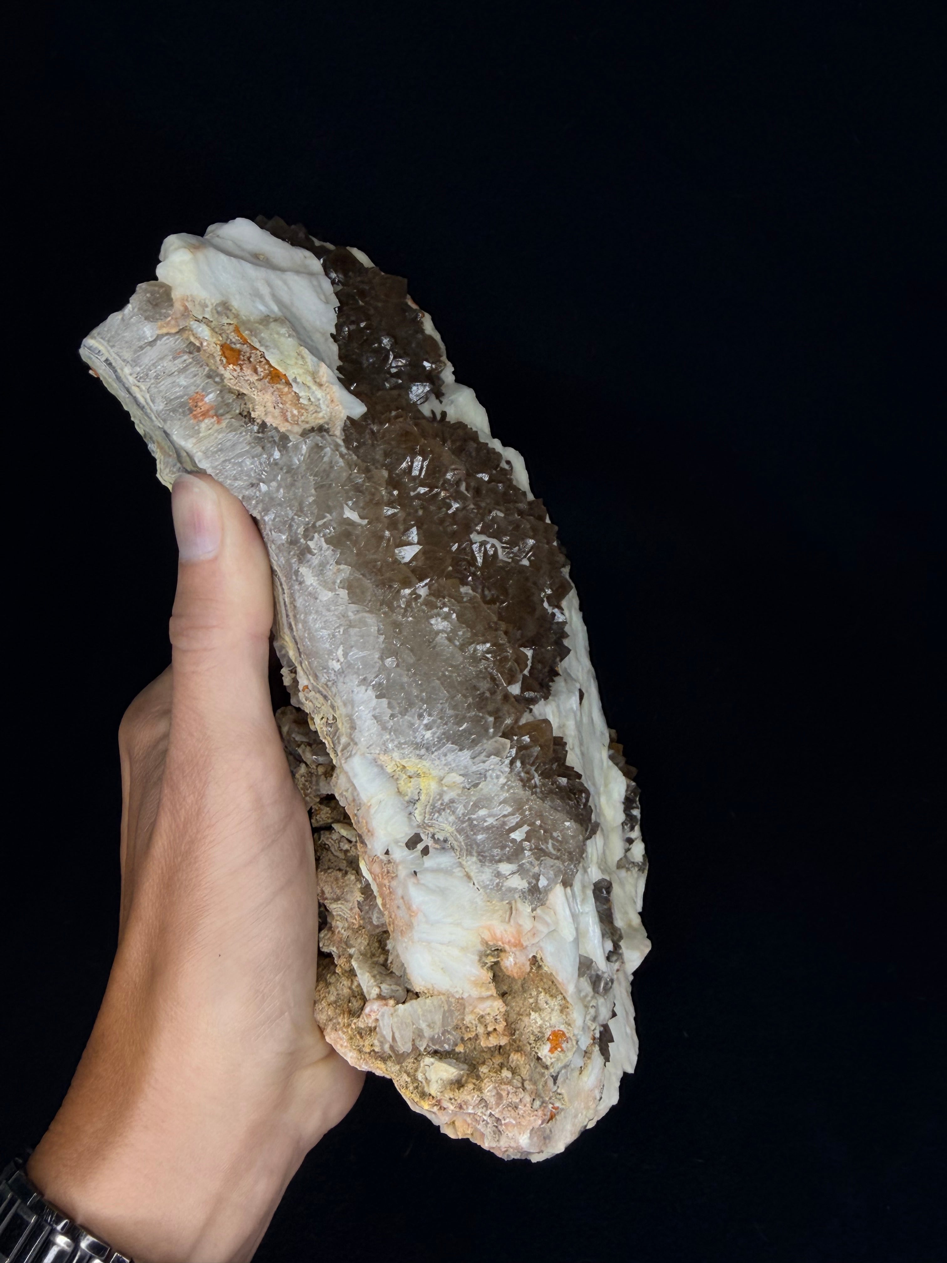 Perfect smoky quartz points on Missouri lace agate withBarite