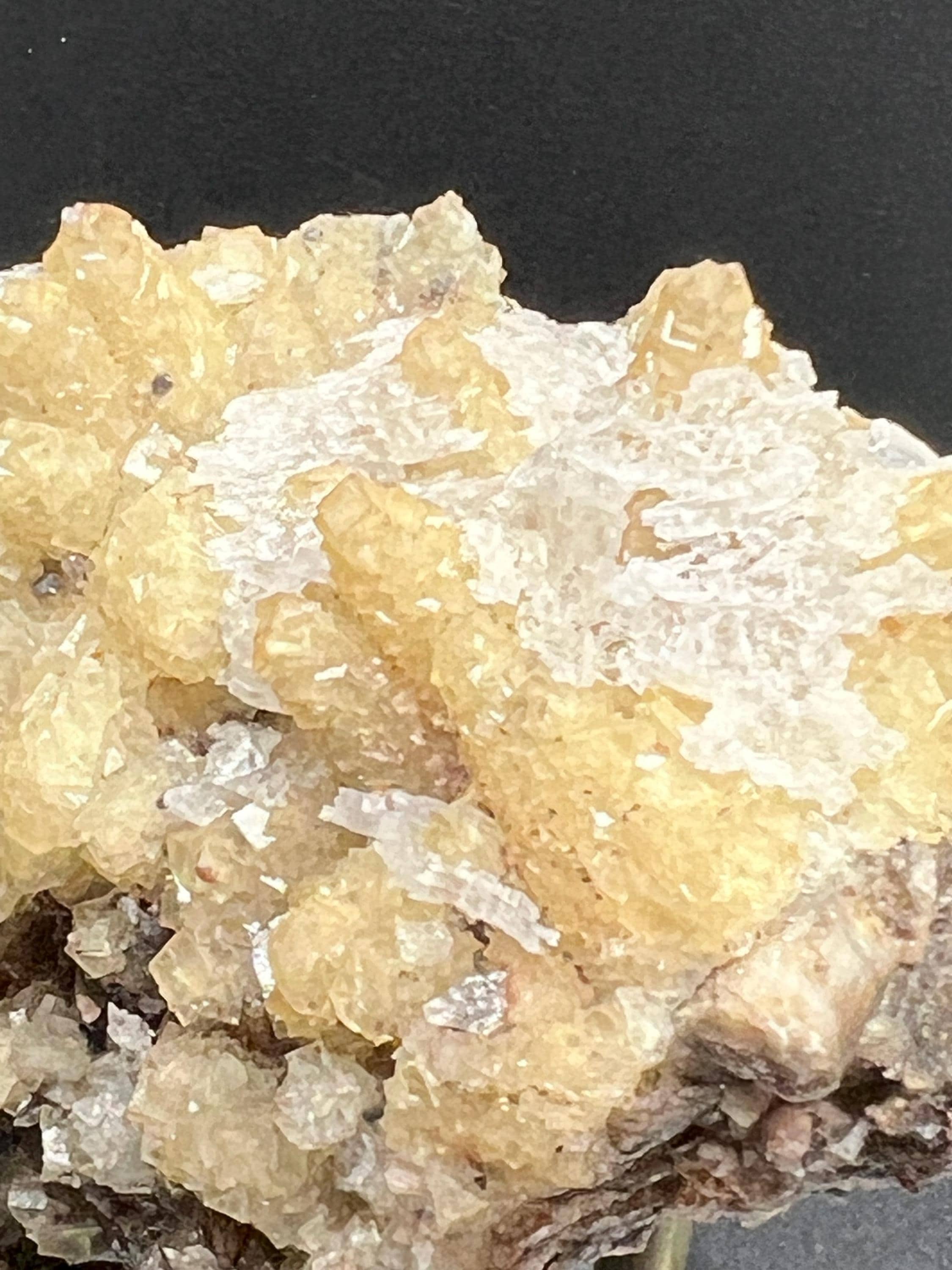 Yellow fluorite with selenite on dog tooth calcite