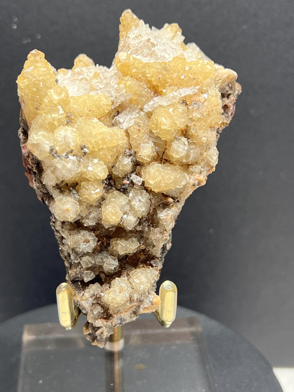 Yellow fluorite with selenite on dog tooth calcite