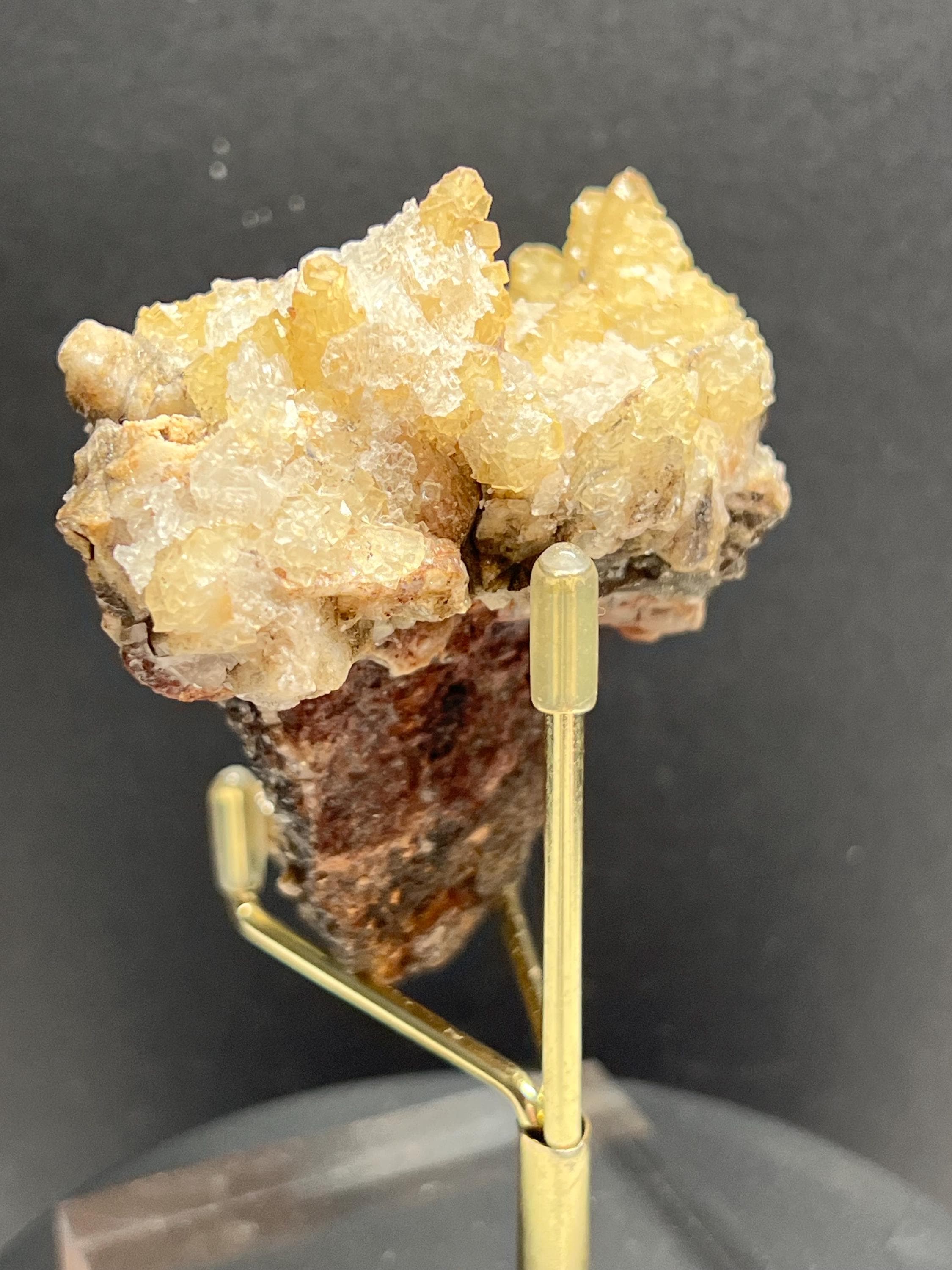Yellow fluorite with selenite on dog tooth calcite