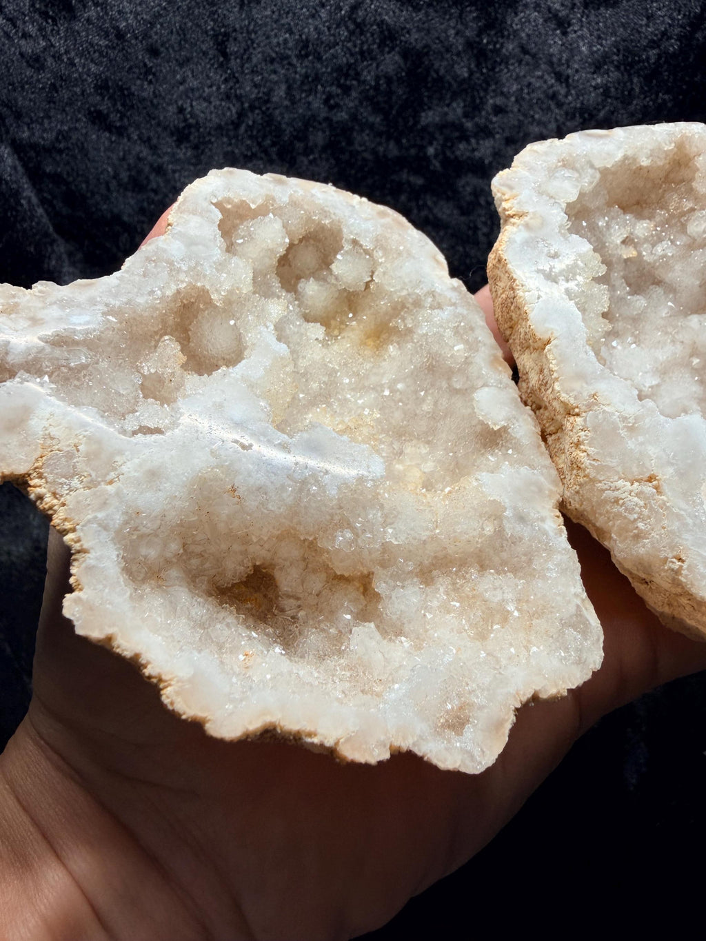 Polished Moroccan Sugar Quartz geode with calcite, matching halves
