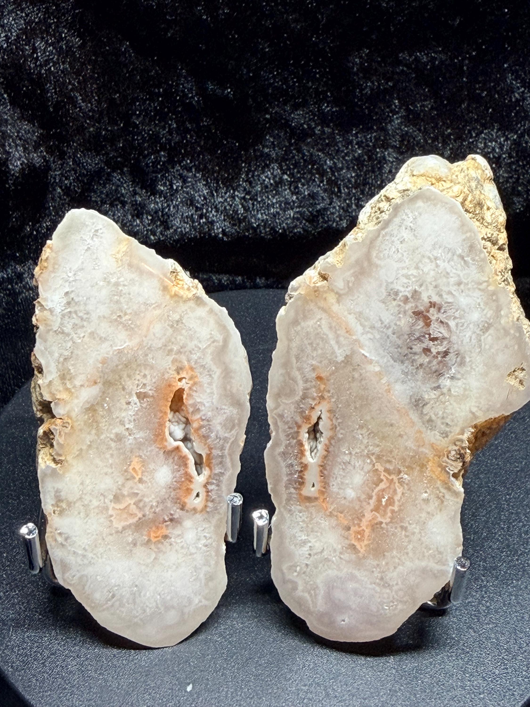 Polished Kentucky Agate / Chalcedony Nodule Matched Pair – Druzy Quartz Cavities