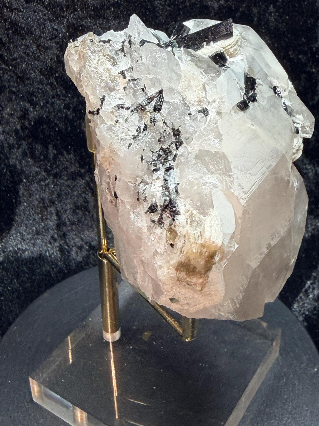 Blue and black tourmaline on quartz with calcite and Muscovite