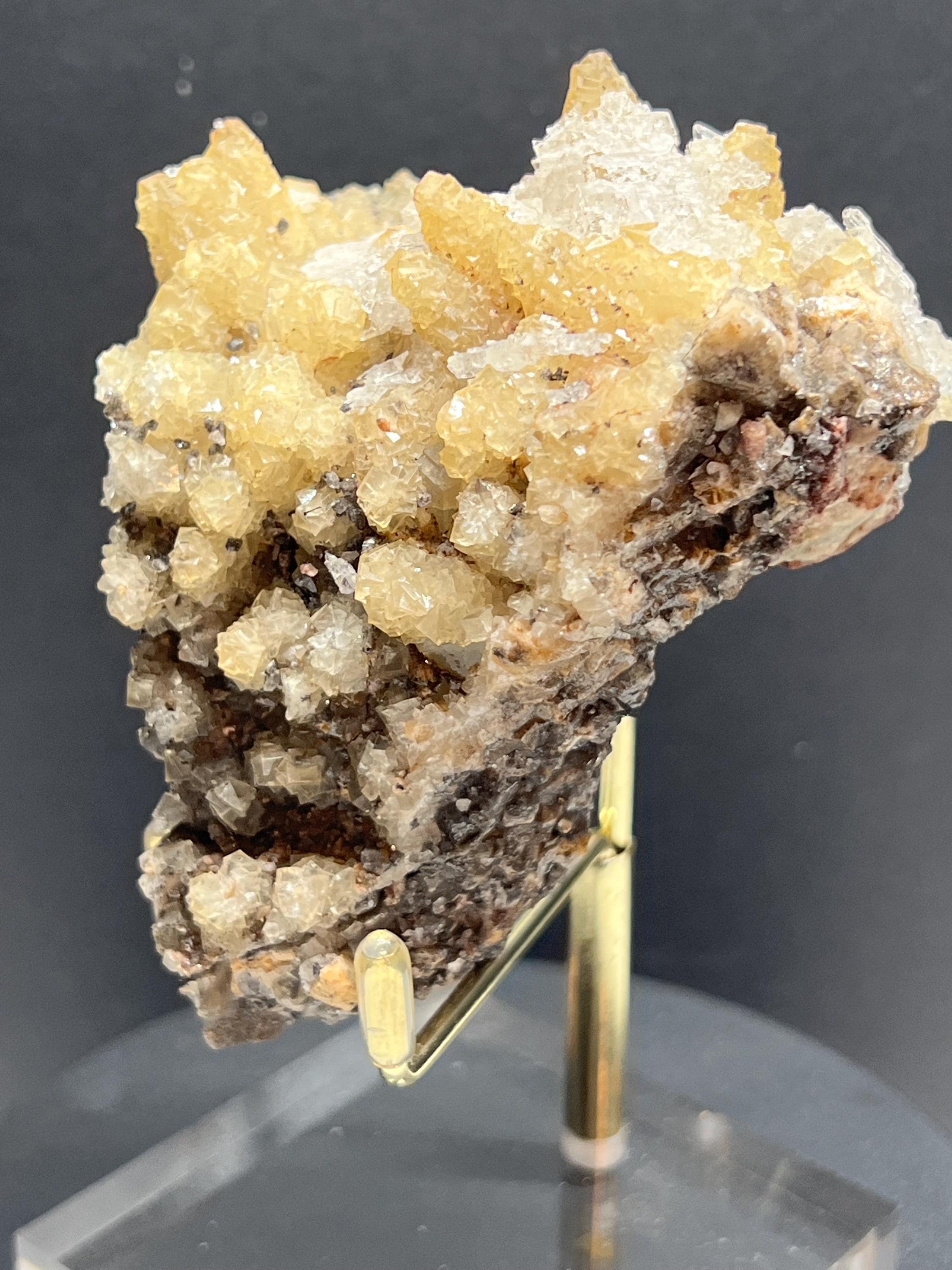 Yellow fluorite with selenite on dog tooth calcite