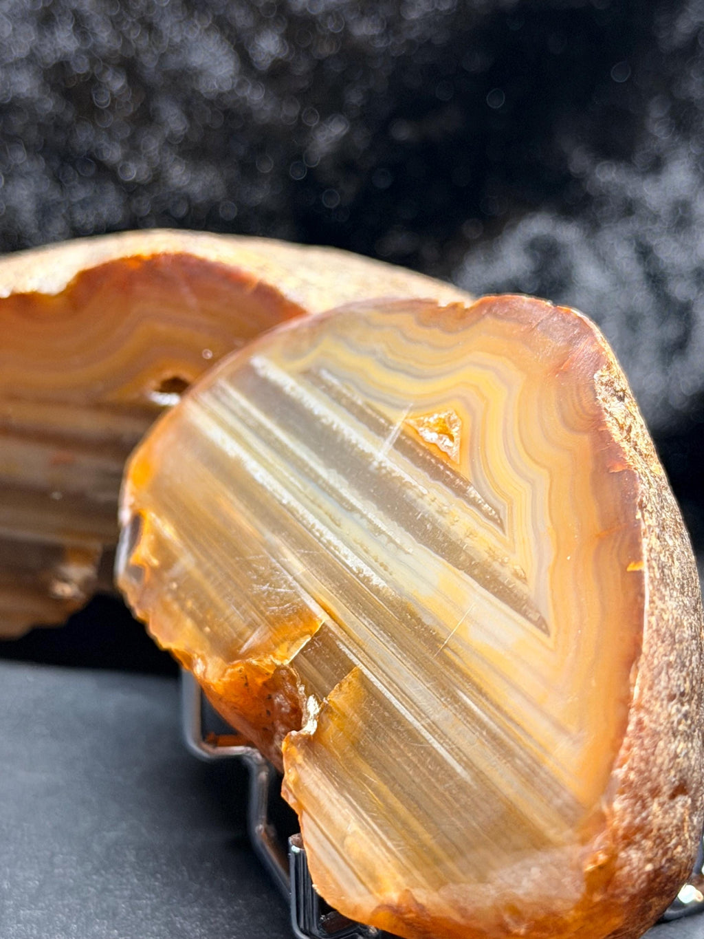 Polished Brazilian water level agate with crystal pocket