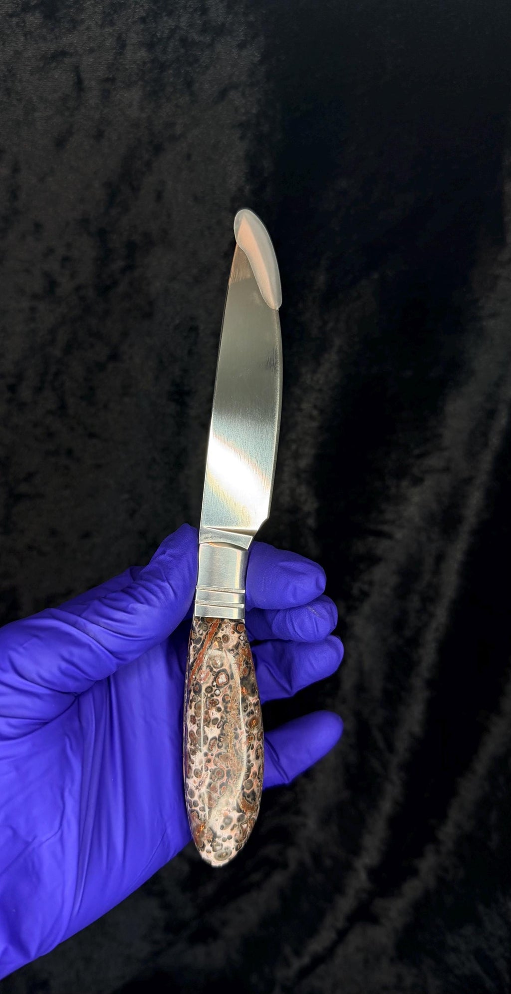 Custom Fixed-Blade Knife: Leopard Skin Jasper Handle, Stainless Steel Blade