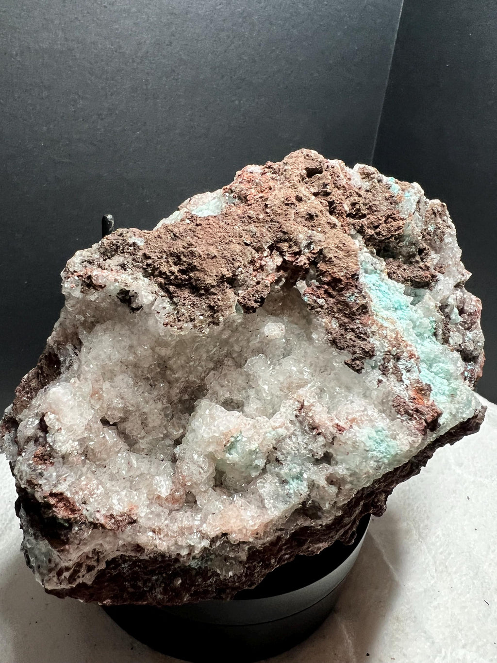 Aurichalcite with calcite and chrysacolla from Mexico.