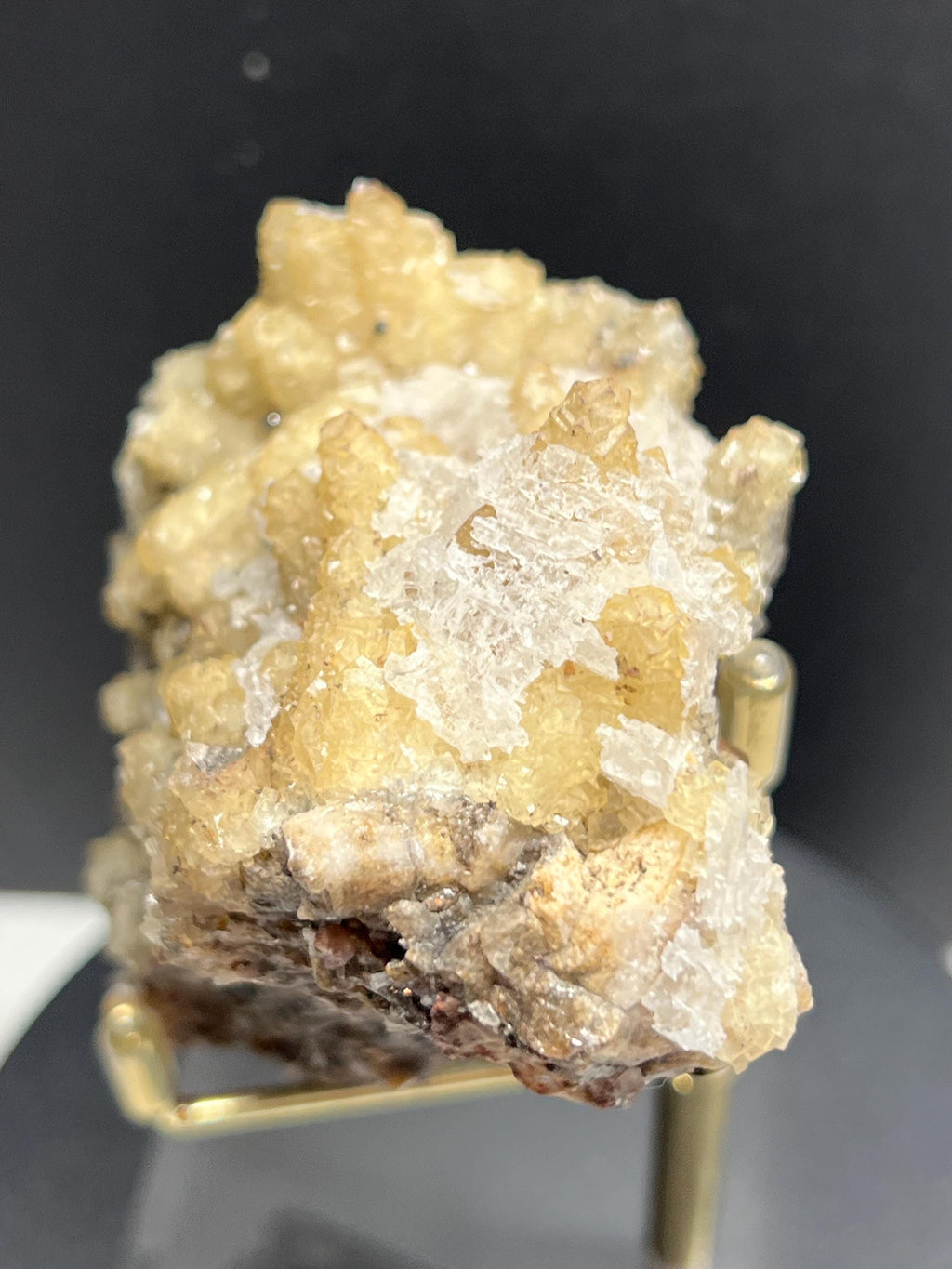 Yellow fluorite with selenite on dog tooth calcite